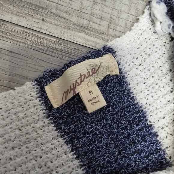 Mystree Blue/White Knit Open Back Sweater Knotted Back WMNS M V-neck Long Sleeve - Picture 4 of 5